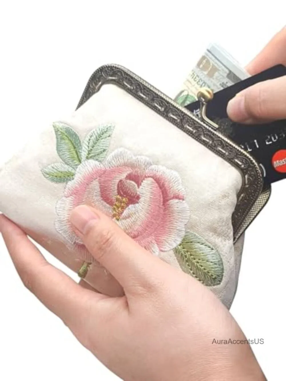 Embroidered Floral Kiss Lock Coin Purse Wallet - Cotton, Travel Accessory